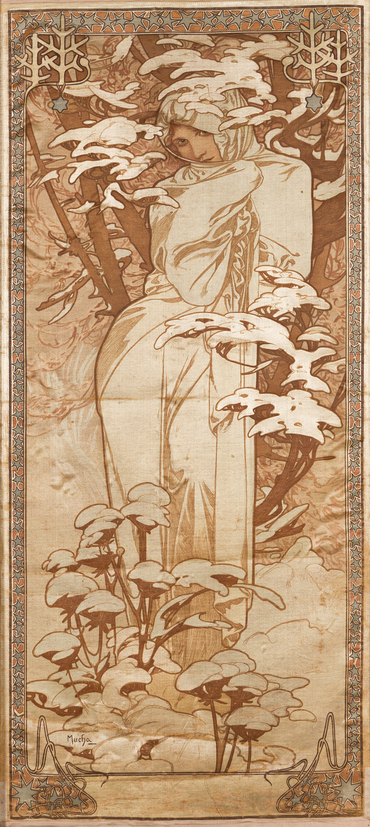 ALPHONSE MUCHA (1860-1939).  [THE SEASONS / LHIVER.] Decorative panel on silk. 1900. 27¾x12½ inches, 70½x31½ cm. [F. Champenois, Paris